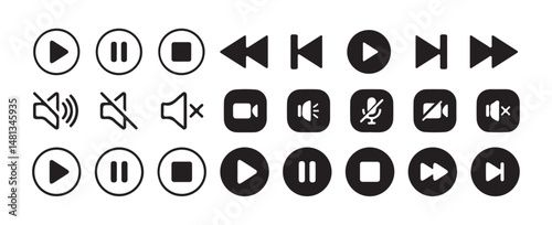 Media Player icons. Media player interface symbols play, pause, speaker volume, stop icon. vector illustration eps 10.