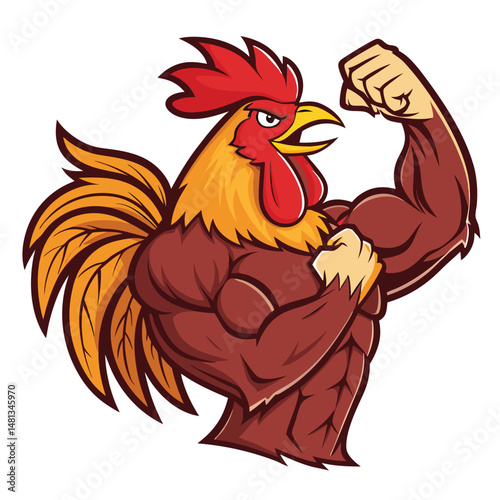 A hyper-realistic image of a muscular rooster bursting through a gym wall, flexing its biceps, feathers rippling.