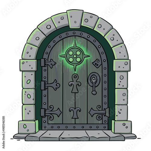 Render a highly detailed image of an antique, mysterious locked door adorned with intricate puzzle symbols, including a prominent 'e'(1).  The door should exude a sense of mystery and intrigue.