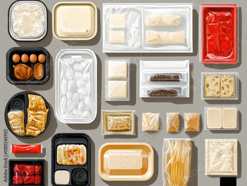 Assorted pre-packaged food items in various containers. photo