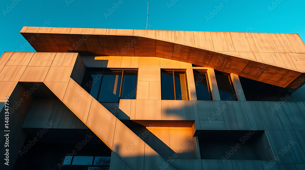 Fototapeta premium A futuristic brutalist art institute built in the 1980s, featuring massive cantilevered concrete blocks and angular overhangs. generative ai