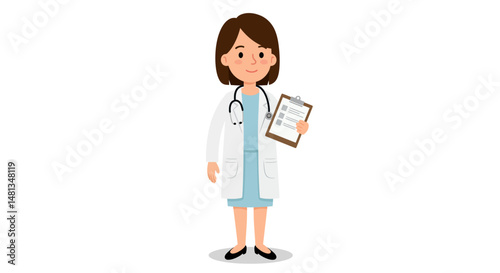 Cartoon doctor in white coat with brown hair standing at attention