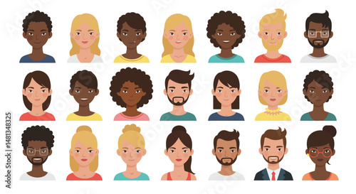 Diverse Group of Cartoon Portraits Smiling Faces with Varied Hairstyles and Complexions