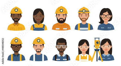 Diverse group of cartoon construction workers and engineers with safety helmets