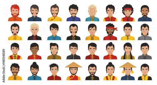 Diverse Portraits of Men in Traditional Attire Various Hairstyles and Expressions
