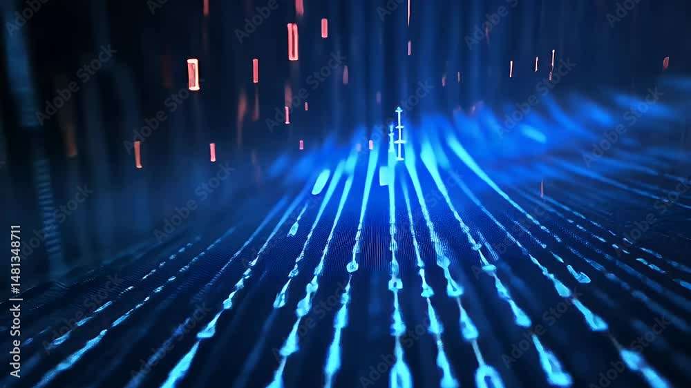 Blue binary numbers stream across glowing virtual grid
