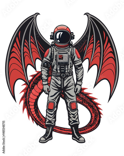 A majestic space dragon, its scales shimmering cosmically, is bio-mechanically fused with a fearless astronaut; powerful wings spread wide, defying gravity in a vibrant nebula.