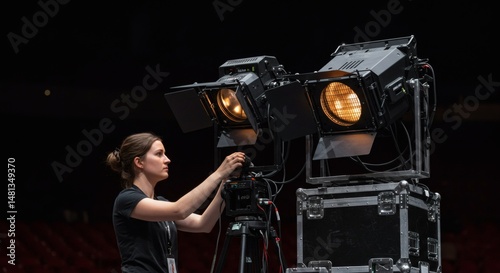 Woman adjusting professional lighting equipment for film production video shooting on location set up