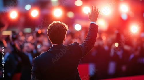 Celebrity waving on red carpet event with crowd and bright lights for entertainment industry success