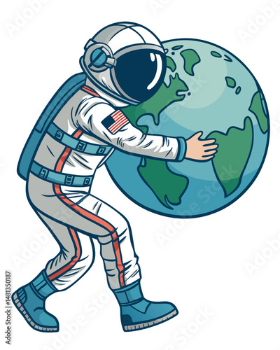 A heartwarming illustration of an astronaut gently embracing a miniature, plush Earth, a vibrant blue sphere.  The scene evokes feelings of care and cosmic connection.