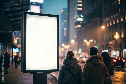 many people looking at blank LED billboard mockup in night city street. photo
