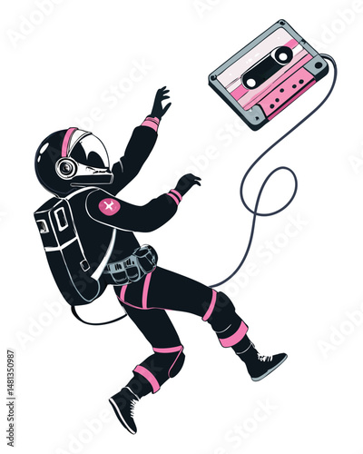 A lone astronaut, weightless, extends a gloved hand towards a retro cassette tape floating in the inky blackness of space.