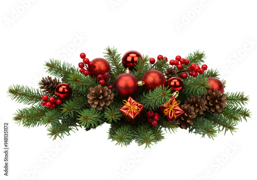赤いオーナメントと緑のモミの枝の装飾クリスマスアレンジメントは透明な背景にあります