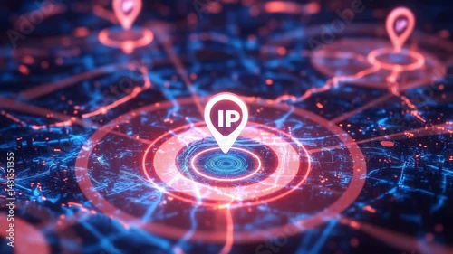 Futuristic visualization of interconnected nodes on a neon digital map with central IP marker highlighted by concentric red rings. Concept of internet security, geolocation, and data tracking