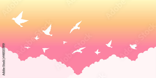 夕焼け空と鳥の背景イラスト