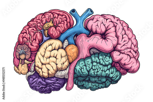 Hand-drawn human internal organs with heart cartoon isolated on transparent background
