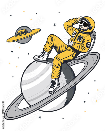 A stylish astronaut, sunglasses perched atop their helmet, casually leans against a communications satellite in space.  Detailed, realistic rendering.