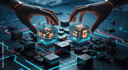 Two hands manipulate glowing cubes