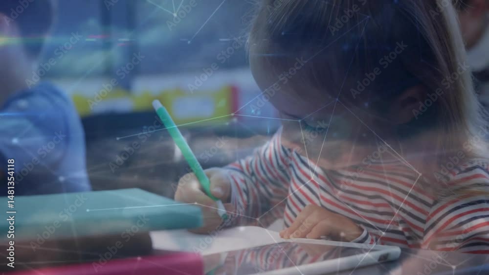 Girl writing with green marker at desk, showing tablet and network lines for education