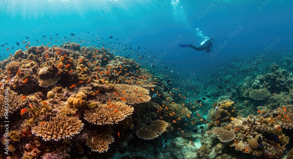 Fototapeta premium Underwater coral reef scene with diver