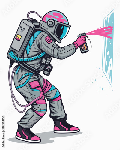 A futuristic astronaut, neon visor reflecting vibrant graffiti, spray-painting a large-scale mural on a gritty urban wall.