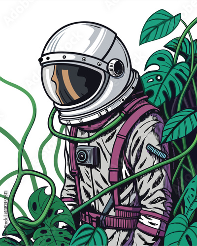 A lone astronaut, their helmet completely enveloped by vibrant, lush green vines, floats serenely in the cosmos.  The scene evokes both isolation and the tenacious power of nature.