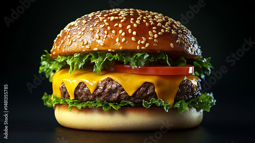 A juicy cheeseburger with a sesame bun, melted cheddar cheese, fresh lettuce, and tomato slices, stacked high and looking delicious against a dark background.