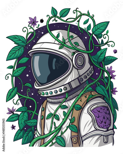 A lone astronaut, helmet entwined by lush, vibrant vines, floats amidst the cosmos; stars twinkle in the inky blackness.