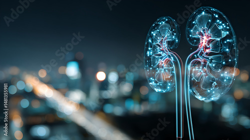 Closeup of Digital Kidneys Rendering with Glowing Network and Urban Background