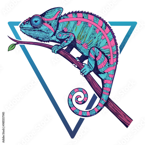 Vivid neon-patterned chameleon perched on a triangle-shaped graffiti art piece.  The background is dark and urban.