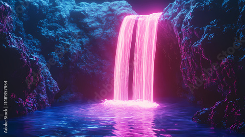A neon futuristic waterfall cascading into a glowing abyss. [Cryptosea Trench] | Rift Coral | abyss stone. Illustration