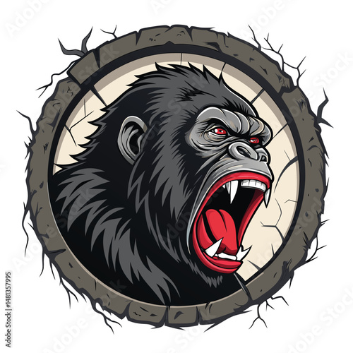A furious gorilla's head erupts from a cracked, circular 'F' logo, roaring fiercely.  Intense detail, realistic fur, dramatic lighting.