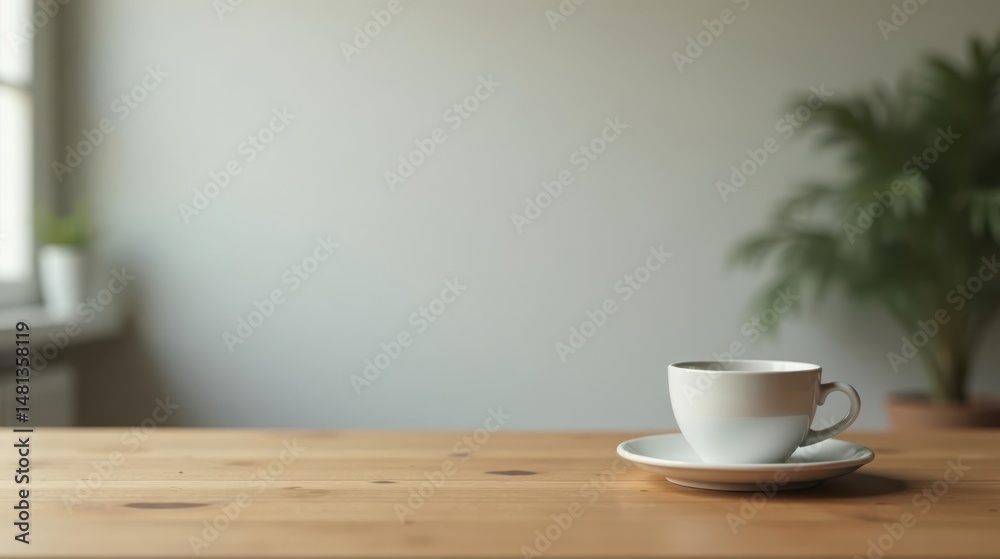 Obraz premium A Serene Morning A Single Cup of Coffee on a Light Wood Table with a Blurred Background of Greenery and a Window