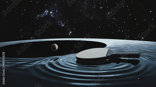 A ping pong paddle rests on a reflective surface with a small ball, set against the backdrop of a black hole in deep space. [Cryptosea Trench] | Benthic Signal | deep ping. Illustration