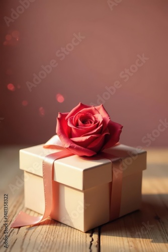 A delicately wrapped gift box adorned with a single, vibrant rose, bathed in soft, warm light, rests on a rustic wooden surface, evoking feelings of love and celebration.
