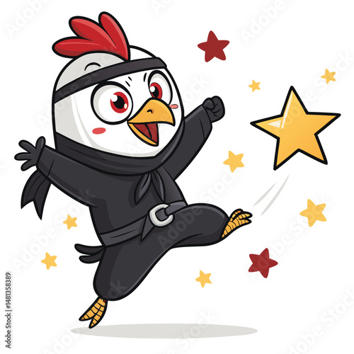 A cartoon ninja chicken, clad in black, leaps through the air, a dynamic pose amidst glittering stars.  Detailed feathers, sharp focus.