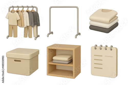 Clothing and wardrobe 3d icons set – storage, fashion, closet organization symbols