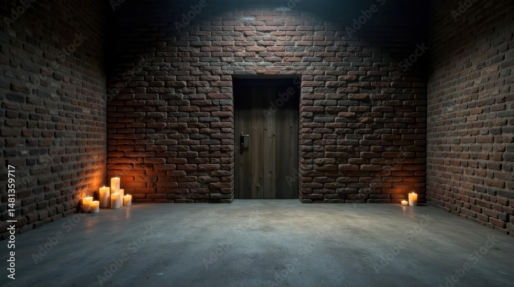 Obraz premium Mysterious Brick Room with Lit Candles and Wooden Door