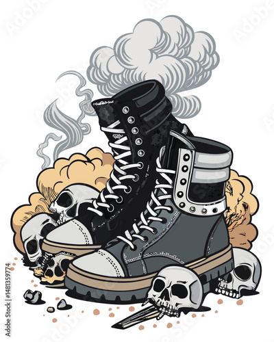 A pair of worn biker boots menacingly crushes several human skulls, surrounded by decaying foliage and ominous shadows.