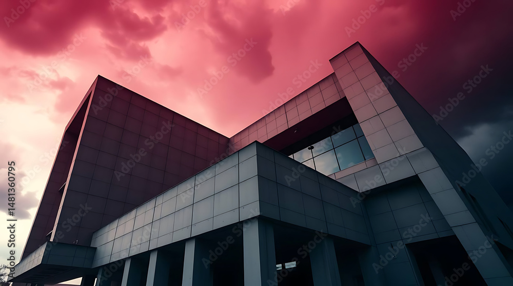 Obraz premium A futuristic brutalist art institute built in the 1980s, featuring massive cantilevered concrete blocks and angular overhangs. generative ai