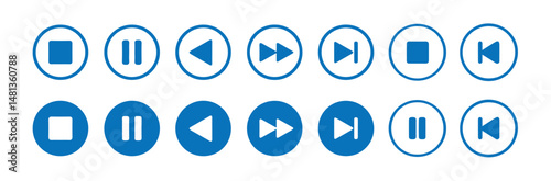 Media player flat icons set. Collection of multimedia symbols isolated on transparent background. Play, pause, stop, record, forward, rewind. Vector illustration eps 10.