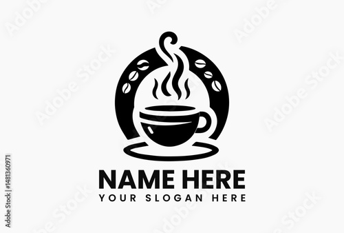 Elegant black and white vector illustration of coffee cup with steam swirls and bean leaves. Cafe logo concept  