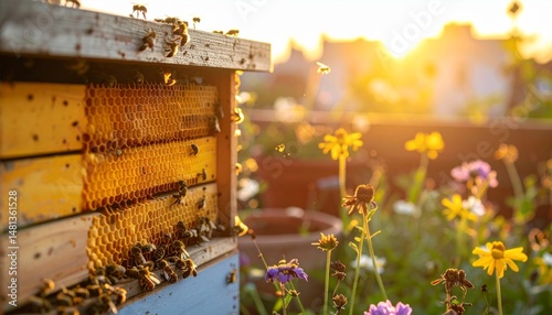 Honeybees On Honeycomb In Rooftop Garden At Sunset