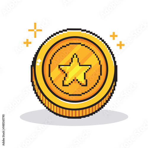 Generate a pixel art image of a shimmering gold coin, exhibiting a realistic light source creating sparkle and shadow.  The coin should appear slightly elevated.