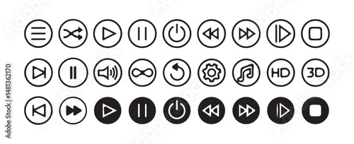 Media player icon button set Audio, volume, interface, design media player buttons. Play, pause, stop, record, forward, rewind. vector illustration isolated on white background.