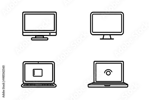 Black and white line art computer and laptop icons representing technology and devices