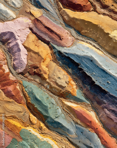 Overhead shot of geological formations showcases Earth layers, expressing sense of wonder and immense timescale involved, showing colorful sediment landscape