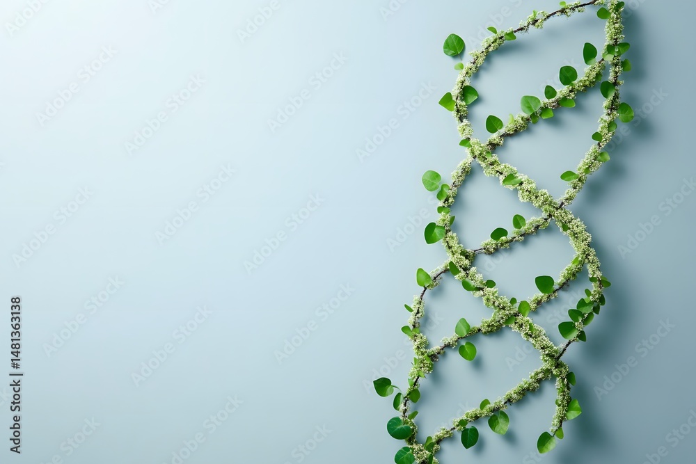 Obraz premium Botanical double helix structure formed by vines and green leaves on a blue background