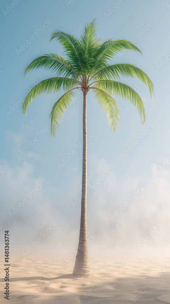 Obraz premium blue sky backdrop with palm tree on open grassy field tropical scenery natural photo outdoor peaceful mood plant photo for botanical wallpaper background