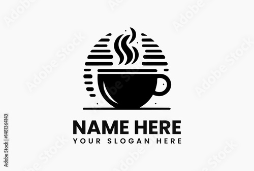 Stylized coffee cup logo with rising steam and coffee bean leaf decoration in monochrome vector art  